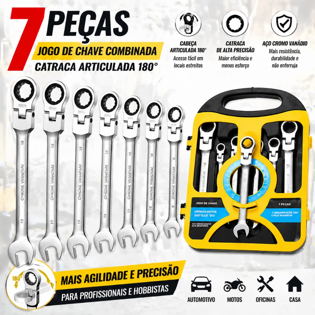 Kit 7 Peças Chave Ferramenta Combinada Catraca Boca Profissional,