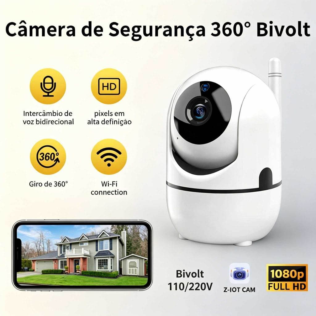 Câmera Segurança WiFi 360 ° Full HD 1080p Áudio Bidirecional Visão Noturna Rastreamento Automático Monitoramento Móvel