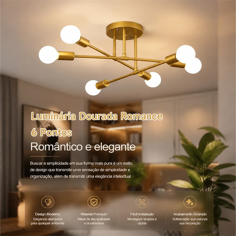 Plafon Dourado Com 6 Lâmpadas , Moderno , Minimalista E Romântico , Adequado Para Salas Quartos (110 – 220 V)