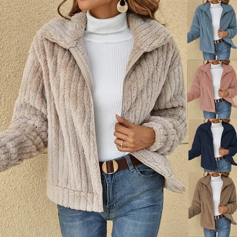 Outono/Inverno Com Nervuras De Pelúcia Cardigan Feminino Aconchegante Quente Curto Outerwear