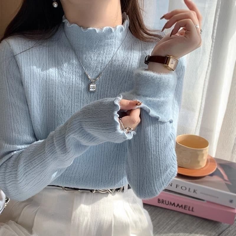 Forro de lã engrossado camisa de fundo feminino outono inverno novo estilo magro-ajuste magro