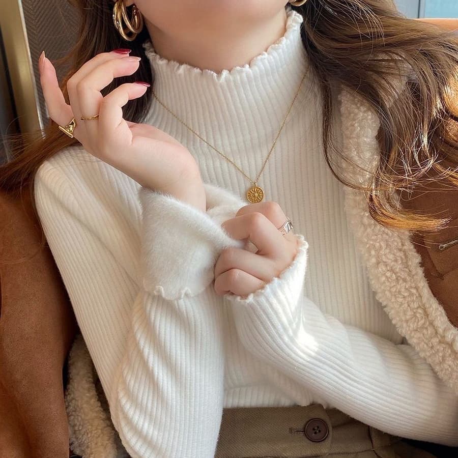 Forro de lã de gola média engrossado camisa de fundo feminina outono inverno novo estilo gola de renda tamanho grande té