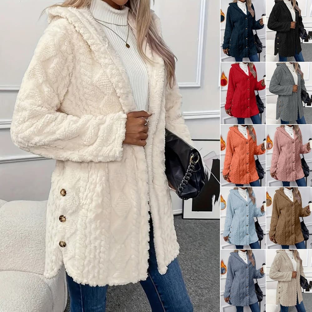 Plus Size Outono E Inverno Casaco De Pele Sintética Botão De Pelúcia Quente Feminino Cardigan Com Capuz