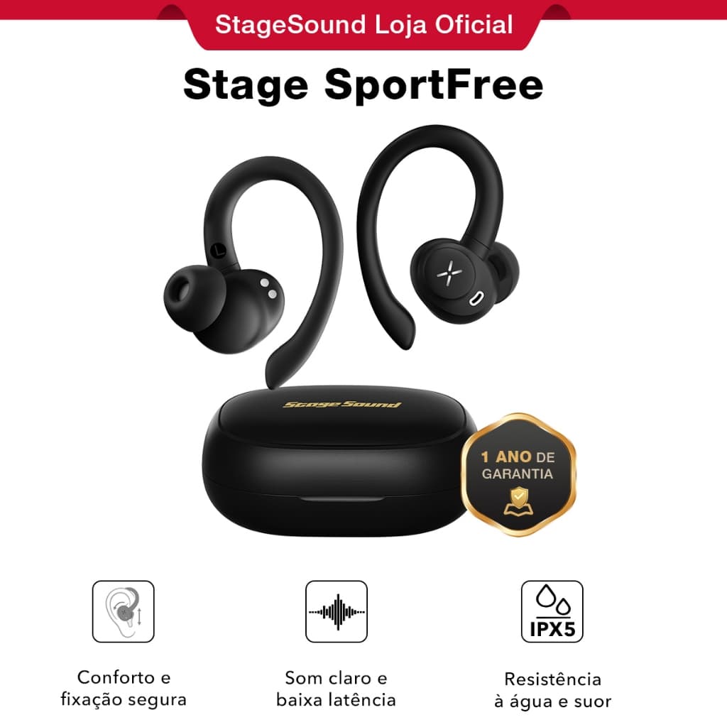 SportFree Fones de Ouvido Bluetooth Esportivos com Gancho – Leves, Ajuste Perfeito e Som Poderoso, 40 Horas de Bateria