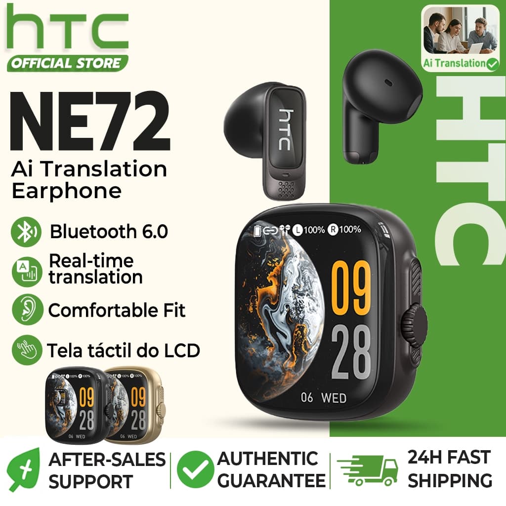 HTC NE72 Fone De Ouvido Bluetooth 6.0 Tradução AI Em Tempo Real 134 Idiomas Tela LED Toque Microfone