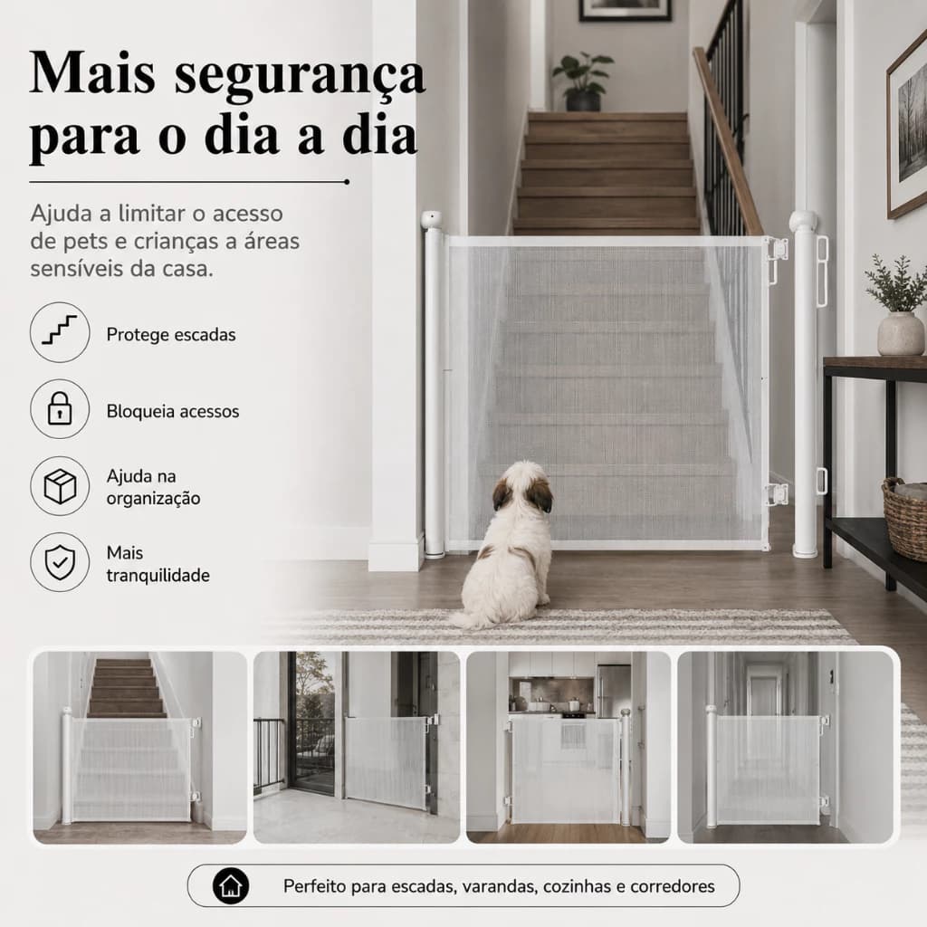 Portão Tela Segurança Automático Bebês Pets Retrátil Cercadinho Porta Grade 180cm Escada Porta bloqueio automático