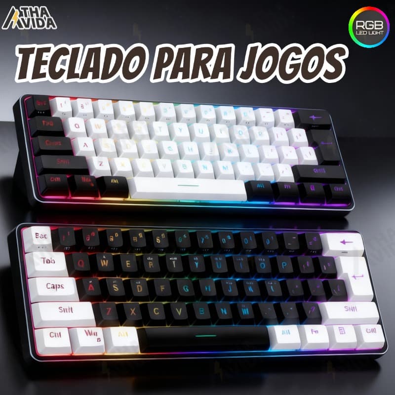 Teclado Gamer RGB Com Fio 61 Teclas Mini Compacto Cabo USB-C Removível Promoção