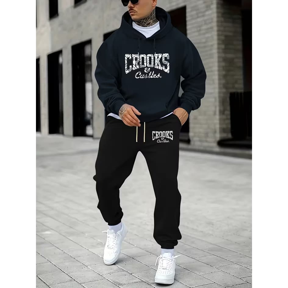 Um Elegante Conjunto De Moletom Com Capuz De Manga Comprida E Calças Casuais Cordão Para Homens , Apresentando Corredore