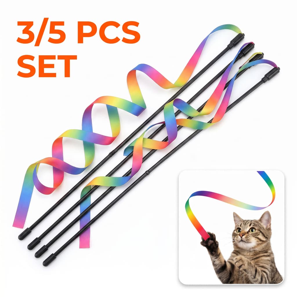 Kit 5 Varinhas de Fita Arco-Íris para Gato | Uso Interno, Ideal para Quem Tem Mais de Um Gato