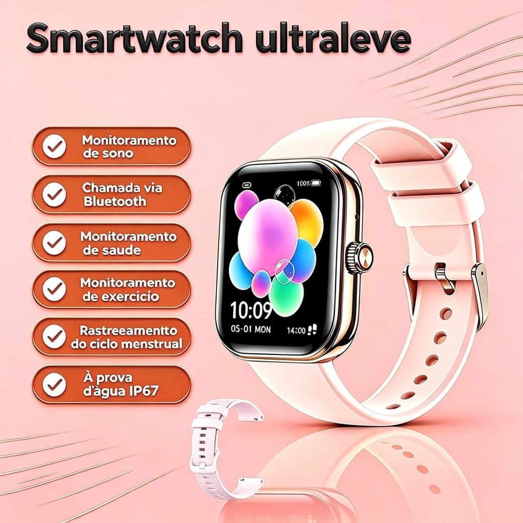 Smartwatch Feminino H10 Bluetooth Chamadas Monitor Ciclo Menstrual Press茫o SpO2 Tela HD 100 Esportes IP67 Frete Gr谩tis