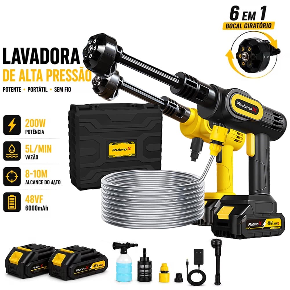 Lavadora de Pressão Portátil Bico 6 em 1 48V 2 Baterias para Lava Carro Casa e Jardim 110V/220V