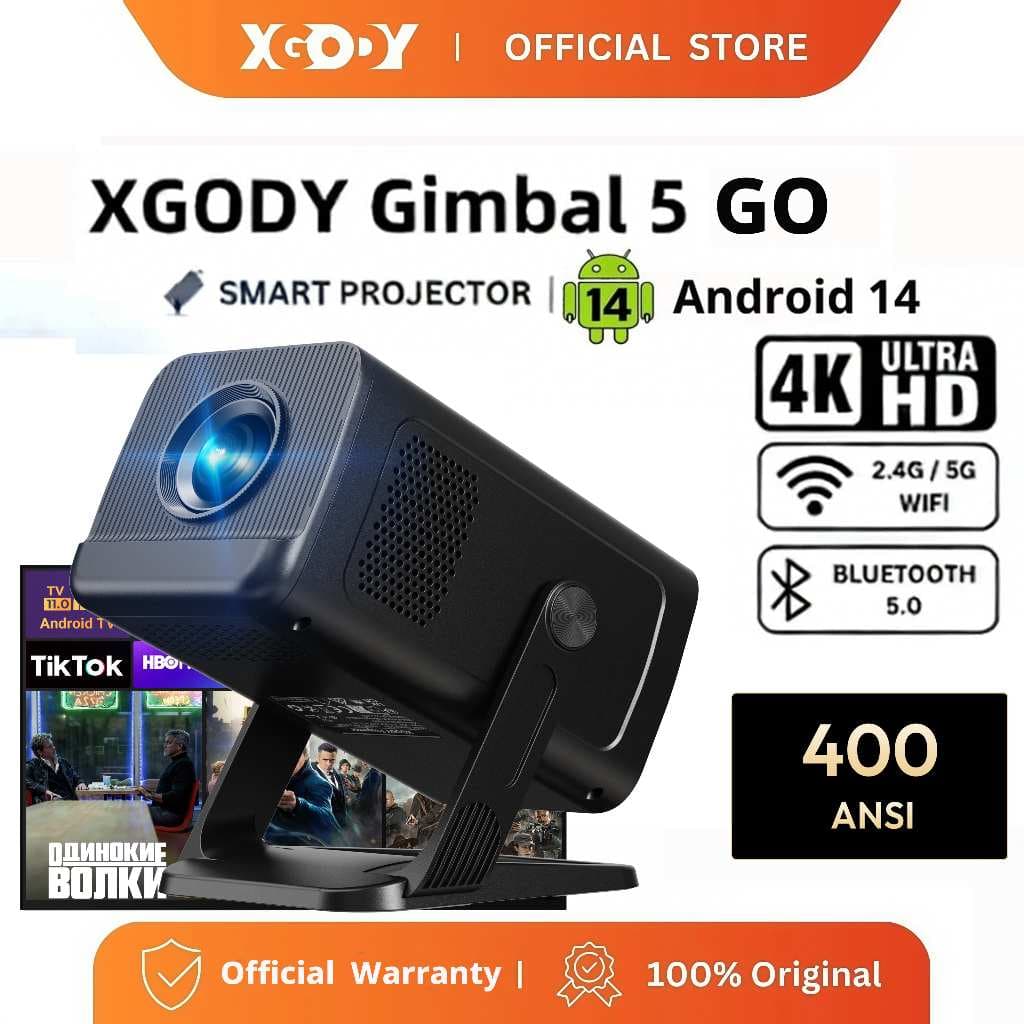 XGODY Projetor Gimbal 5 GO Netflix 1080P Android14 20000Lúmens Correção Automática Giratório Doméstico