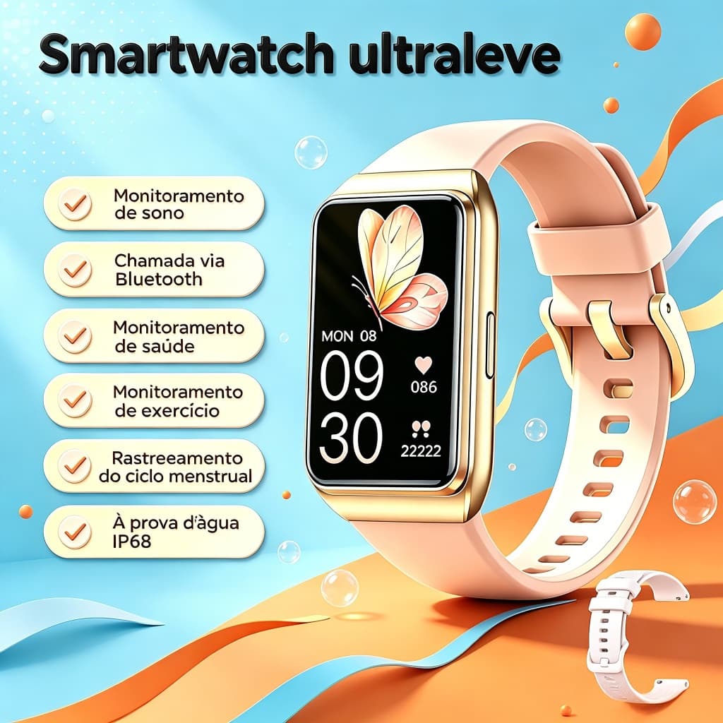 Smartwatch Feminino H68 Rel贸gio Amoled SpO2 Menstrual Sono Imperme谩vel Bluetooth Bateria Longa 2Pulseiras Frete Gr谩tis