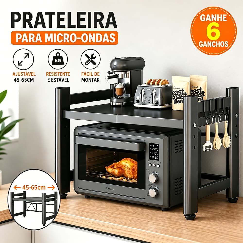 Rack Metálico Multiuso Ajustável Suporte Para Microondas, 6 ganchos