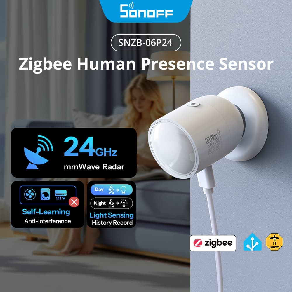 SONOFF Sense Guard Presence Core 24G Zigbee Sensor De Presença Humana SNZB-06P24 Alimentado Por Radar mmWave Avançado De
