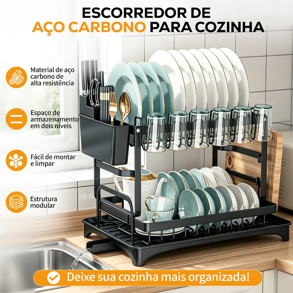 Escorredor de Louça 2 Andares Aço Cozinha Organizador Com Dreno Giratório 360 Graus Para Pratos e Talheress