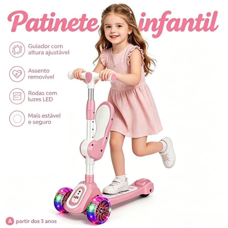 Patinete Infantil 3 em 1 Ajustável Rodas Iluminadas Dream Light, Suporta até 50kg para Crianças de 2 a 8 Anos