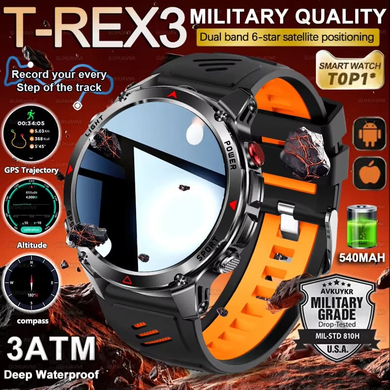 Novo Militar Para T-REX3 Smartwatch Relógio Inteligente Embutido GPS Bússola Altímetro Barométrico À Prova Dwaterproof Á