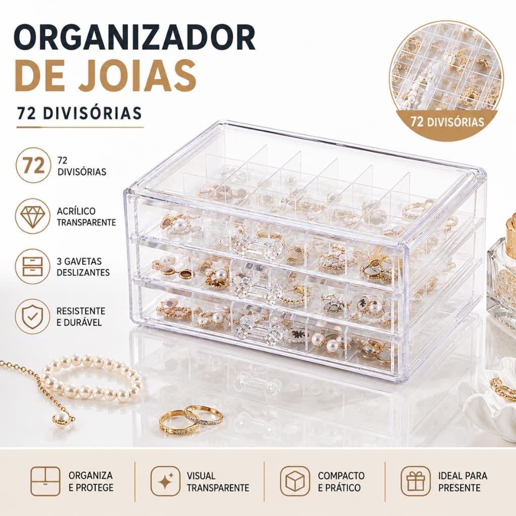 Organizador De Bijuterias Acrílico Com Gavetas E 72 Divisórias