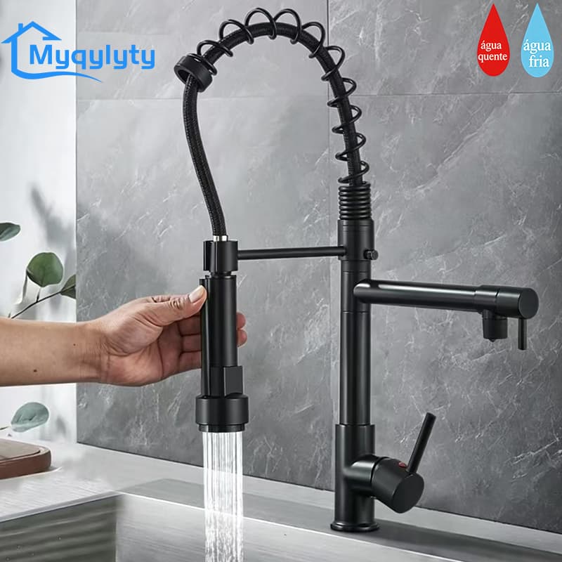 Torneira De Cozinha Gourmet Bancada Alça Única Preta Com Spray Misturador Flexível Metal