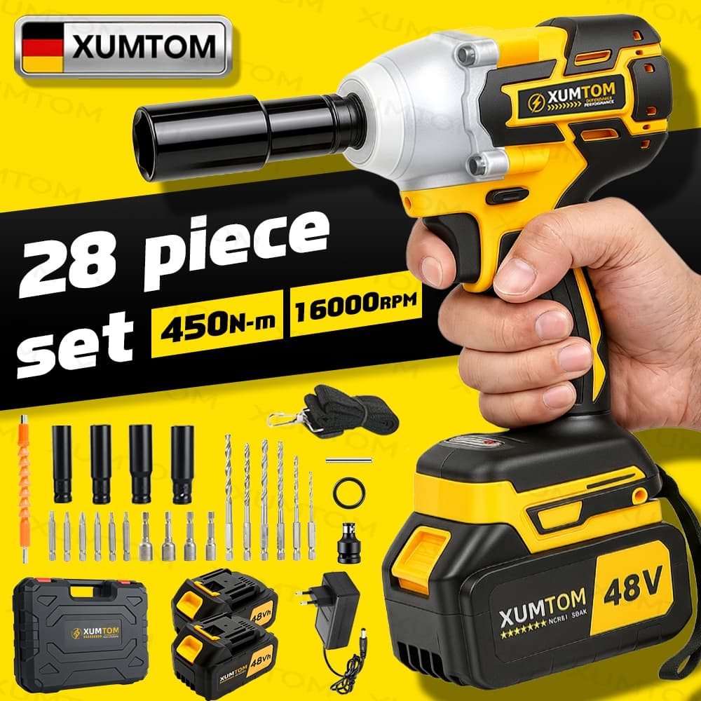 Chave De Impacto Furadeira Fenda 3 Em 1 Sem Fio Escova 48V 450NM Kit De 28 Peças 2 Baterias Carregador Bivolt