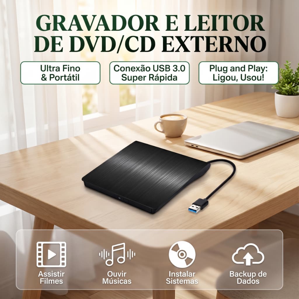 Drive Gravador Dvd Cd Externo Slim Usb 3.0 Portátil Pc Ultrabook