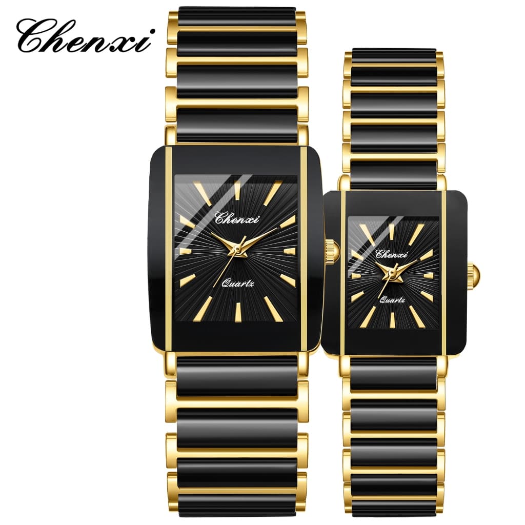 Conjunto De Relógio De Casal CHENXI Preto Dourado Quadrado Quartzo Elegante Pulso Para Homens E Mulheres Moda