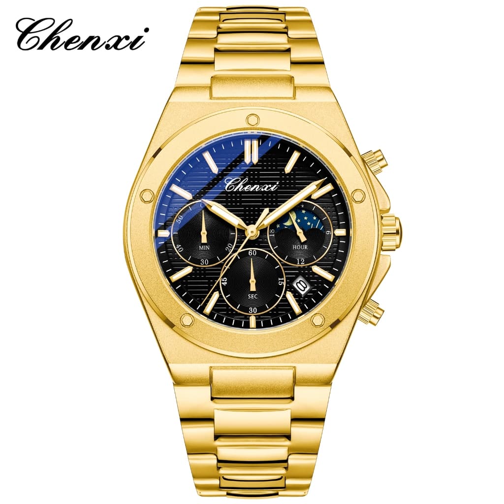 Reloj Hombre Luxo Ouro Homem Relógio De Pulso Moda Cronógrafo Fase Da Lua Data Display Luminoso