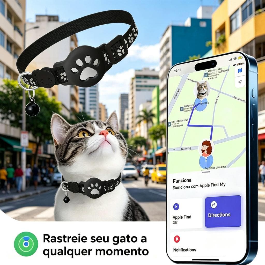 Coleira Gatos com Rastreador GPS Localização Refletiva Adaptável Anti-perda para iPhone e Android