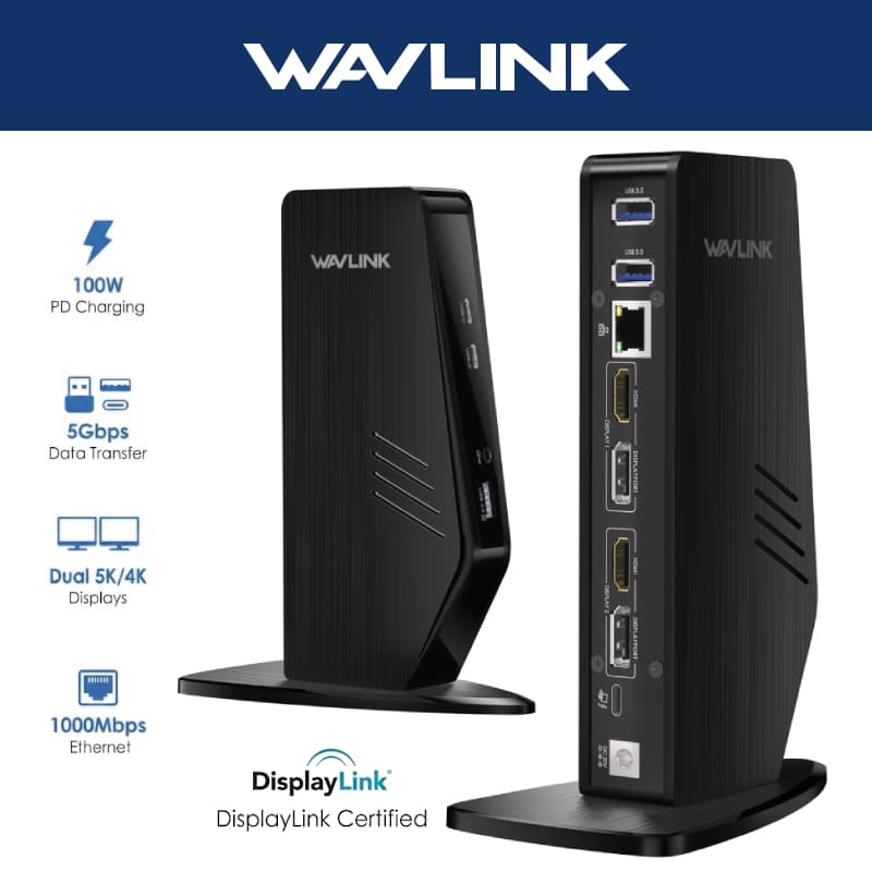 Estação De Acoplamento USB C WAVLINK DisplayLink 13 Em 1 Com HDMI Duplo 5K/4K @ 60 Hz/DP , PD De 100 W , A/3.0 De 5 Gbps
