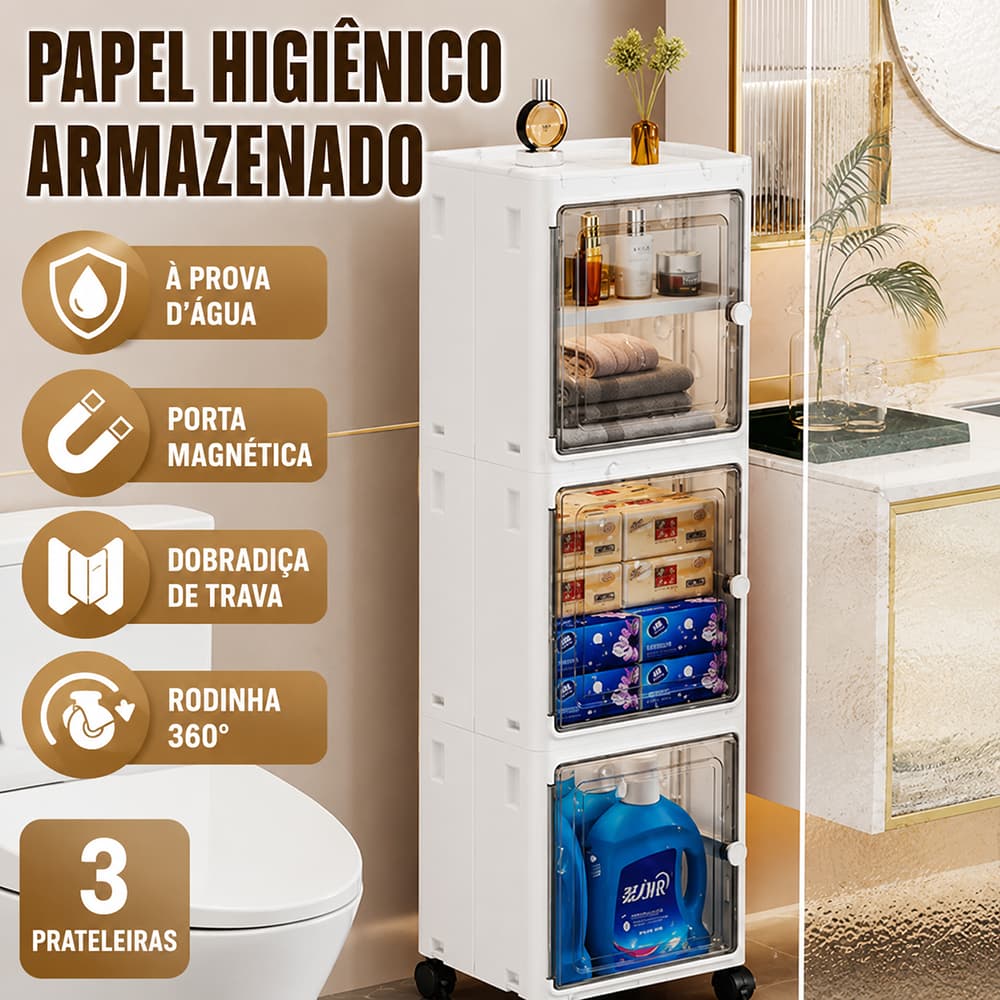 Armário Multiuso com Porta e Rodinhas Caixa Organizadora Dobrável Partição de 3 camadas