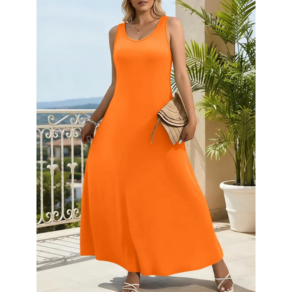 Vestido Maxi Feminino Sem Mangas Verão Gola Redonda Casual Regata Fluido E *-*
