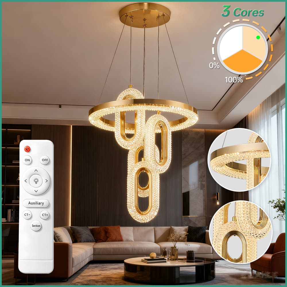 Lustre Para Sala de Estar de Cristal com LED Bivolt e 3 Cores 110V-220V Iluminação Decorativa Com Controle Remoto