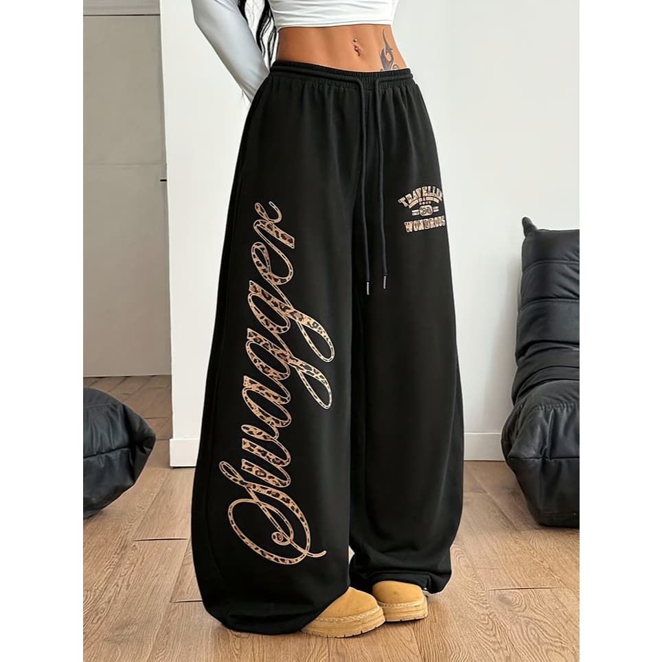 Calça De Moletom Larga Cinza Feminina Com Estampa De Leopardo " Swagger " Letras-Perna Y2K Streetwear