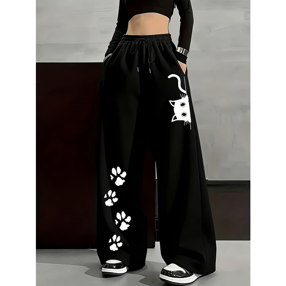 Calças Largas Pretas Com Estampa De Gato E Pata Fofas – Femininas Y2K Streetwear