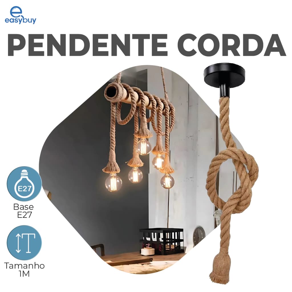 Kit 1/2/3/4 Pendente Corda 1M Retro Vintage Rústico Sisal E27 Para Decoração Detalhes Pérola Preta