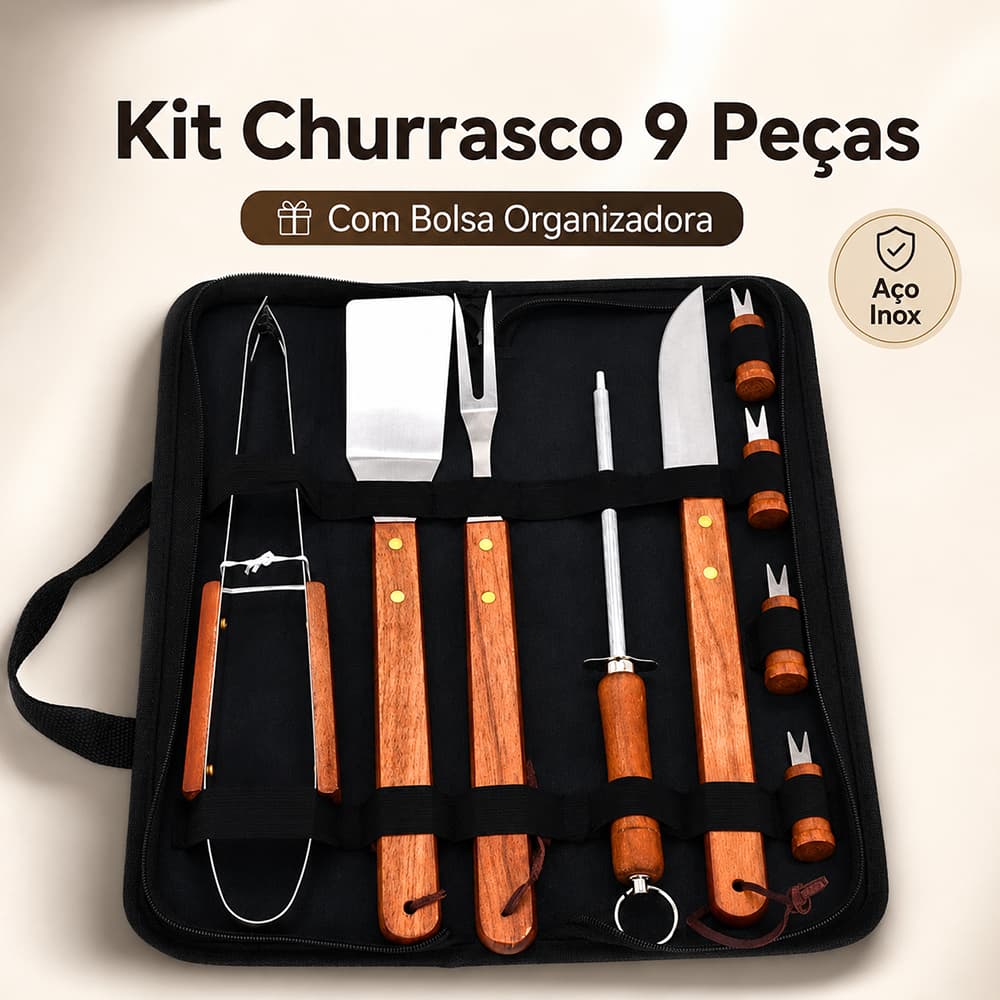 Kit 9 Churrasco Completo com Jogo de Facas Churrasco Presente Criativo para Homem e Pai com Churrasqueira