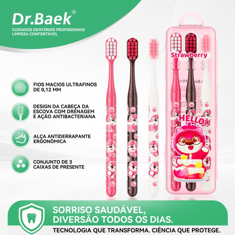 Dr.Baek Kit 3 Escova de Dente da Série Urso Morango, Cerdas Macias, Design Ergonômico de 18.8cm