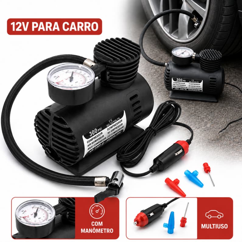 Mini Compressor De Ar Veicular Elétrico Portátil 12V Com Manômetro 250PSI Para Pneu Carro Moto Bike Bola
