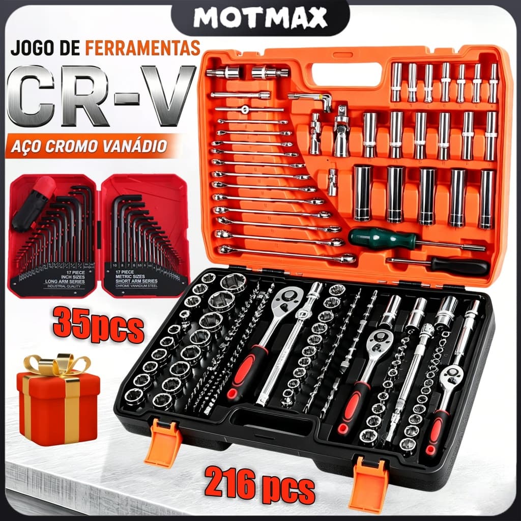 Kit jogo de ferramentas 216 + 35 pçs profissional original mecânico em aço cr-v cromo vanádio resistente -Envio Rápido