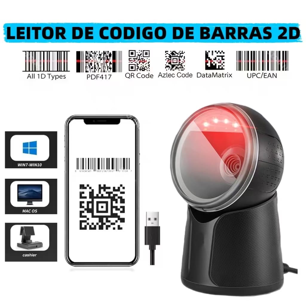 Leitor de Código de Barras Fixo Portátil Super Mercado Ifood QR CODE 1D e 2D Com Sensor Automático