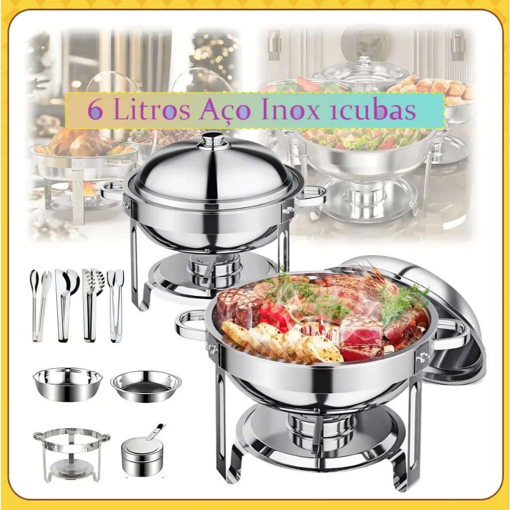 Rechaud de Buffet 6L Inox - Banho Maria Profissional que Mantém a Comida Quente por Até 6 Horas