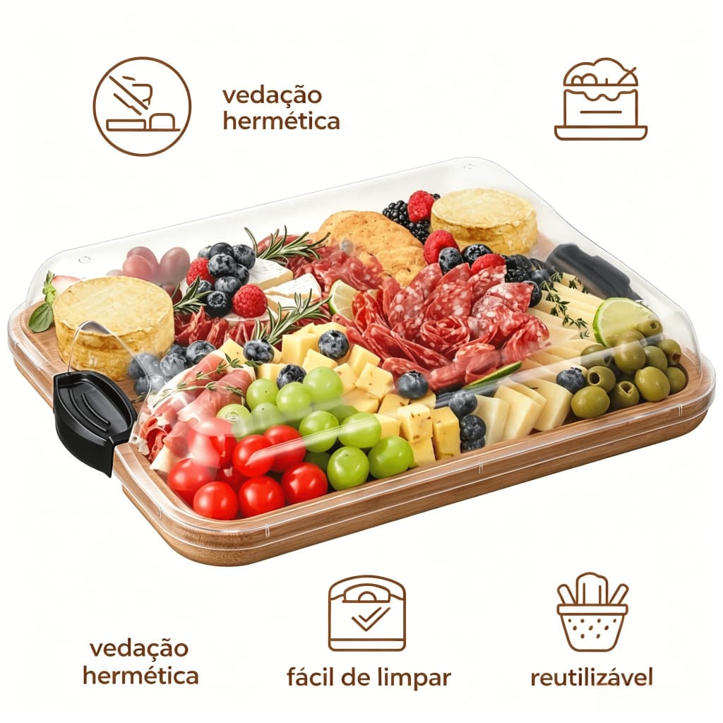 Bandeja de Bambu com Tampa e Travas, Tábua Multiuso para Servir Frios, Queijos e Petiscos, Ideal para Geladeira