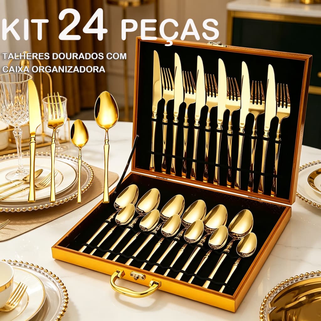 Conjunto de 24 Talheres de Aço Inoxidável Dourado Conjunto de Talheres Cintura Fina Dourado Série Deluxe