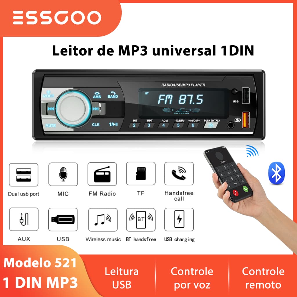 ESSGOO Único Din Rádio Do Carro 1 Bluetooth MP3 Jogador Subwoofer Multimídia Música Autoradio USB AUX Receptor FM
