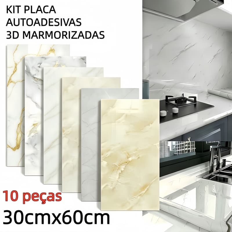 Kit 10 Placas Painel Mármore Flexível Adesivo 30x60cm Decoração Quarto Sala Lavabo Cozinha