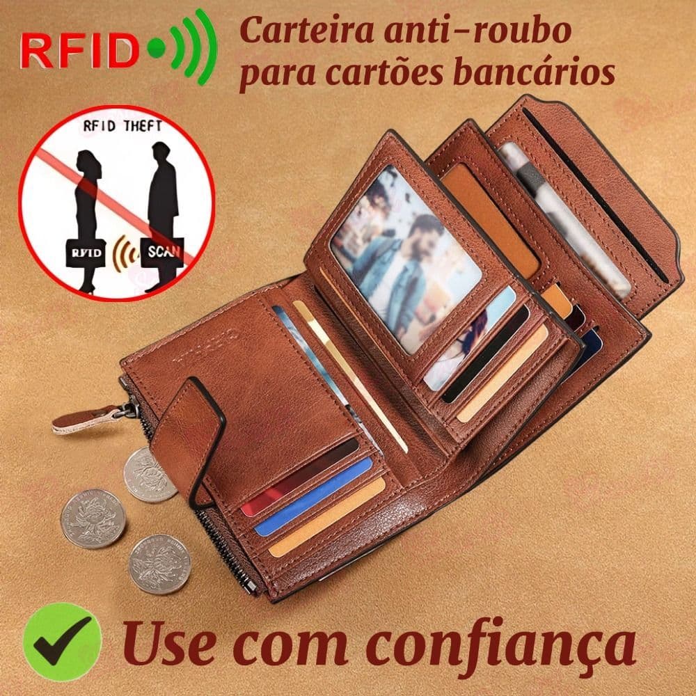 Carteira Masculina de Couro Genuíno com Bloqueio RFID – Trifold ou Bifold Vintage Porta-Cartões e Dinheiro