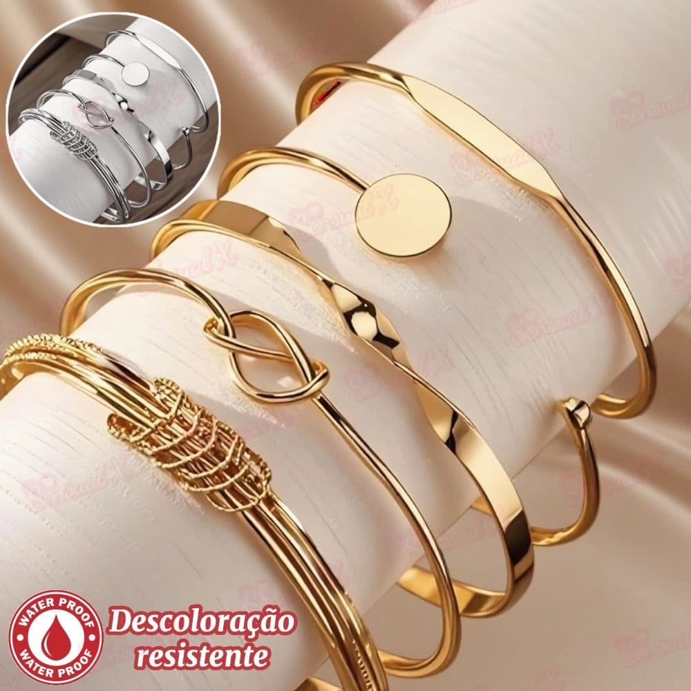 Kit 5 Pulseiras Femininas Geométricas Minimalistas Empilháveis Conjunto de Joias Presente