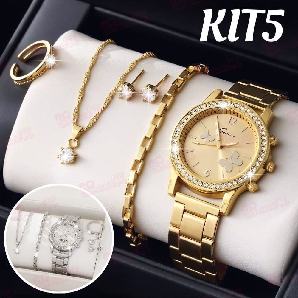 Conjunto 6PCS Relógio Mulher Moda Quartzo Borboleta Marca De Luxo Desenho Senhoras Pulseira De Aço Inoxidável