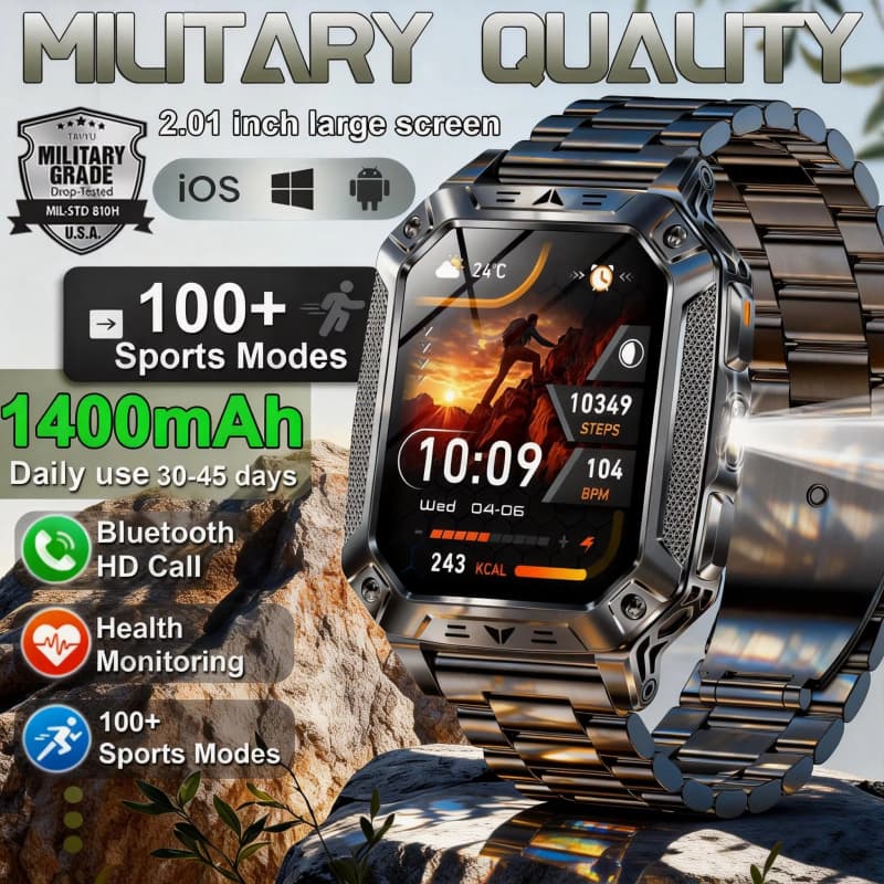 Novo Militar Ao Ar Livre 1400mAh Bateria SmartWatch Masculino BT Chamada 2.01 " HD AMOLED Esportes Lanterna De Freqüênci